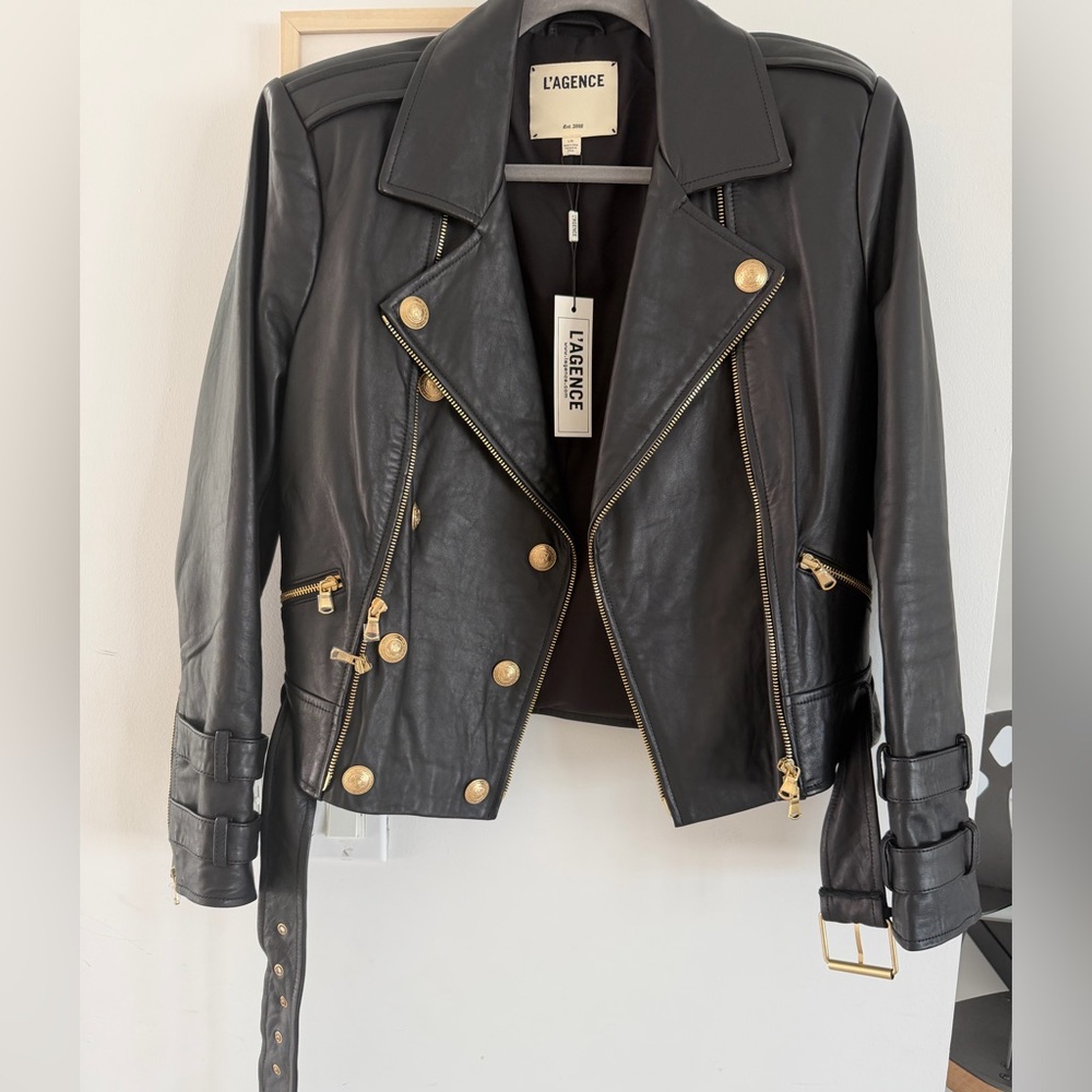 NWT L'AGENCE Black Leather Billie Jacket with Gold Buttons - Picture 2 of 7
